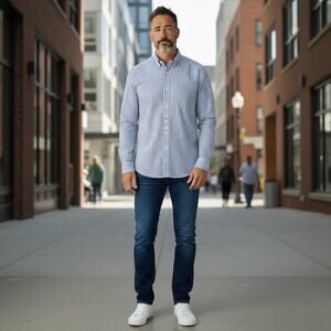 Duluth Trading Co Men's Button Up Shirt Long Sleeve Gingham Blue Size L Casual